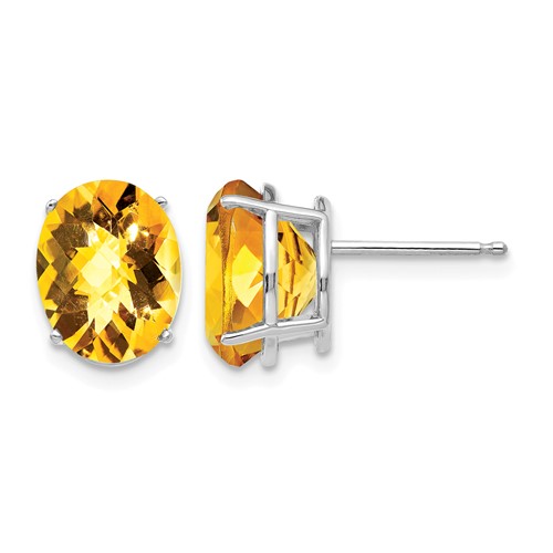 14K White Gold 10x 8mm Oval Checker-cut Citrine Post Earrings