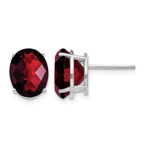 14K White Gold 10x 8mm Oval Checker-cut Garnet Post Earrings