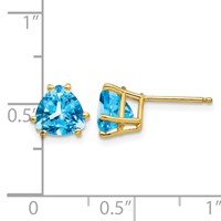 14K 7mm Yellow Gold Trillion Blue Topaz Post Earrings view 4