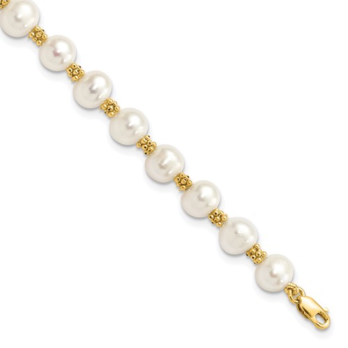 14K Yellow Gold 6-7mm White Round Freshwater Cultured Pearl Bracelet, 7.25"