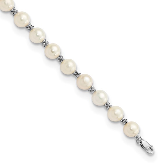 14k White Gold 6-7mm White Semi-round Freshwater Cultured Pearl Bracelet