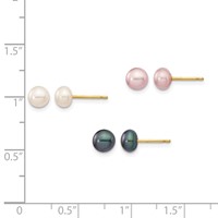 14K Yellow Gold 5-6mm Multicolor Button Freshwater Cultured Pearl Boxed 3 Pair Post Earrings Set view 3