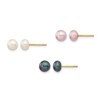 14K Yellow Gold 5-6mm Multicolor Button Freshwater Cultured Pearl Boxed 3 Pair Post Earrings Set view 1