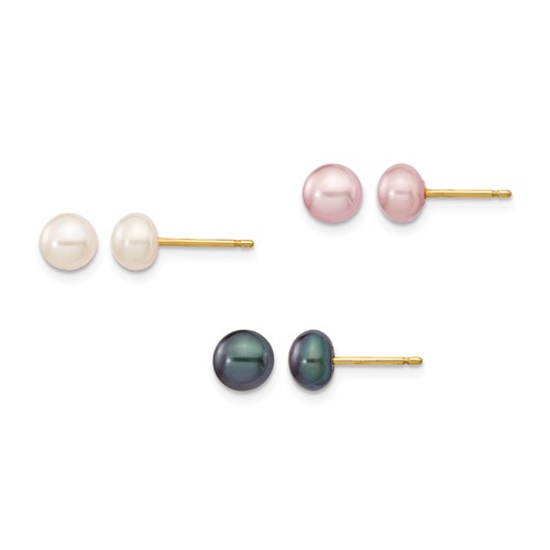 14K Yellow Gold 5-6mm Multicolor Button Freshwater Cultured Pearl Boxed 3 Pair Post Earrings Set