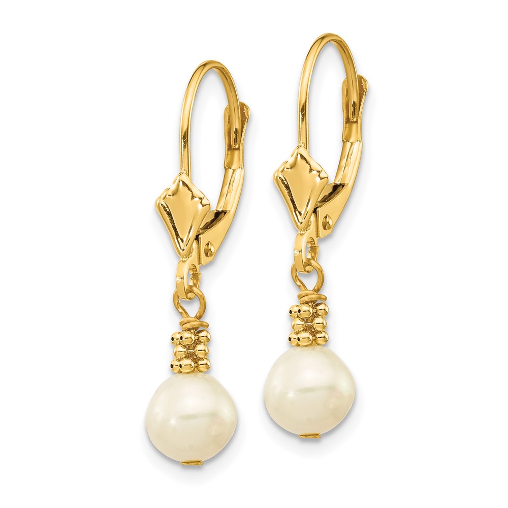 14k 5-6mm White Semi-round Freshwater Cultured Pearl Dangle Leverback Earrings (XF208)