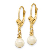14K Yellow Gold 5-6mm White Semi-round Freshwater Cultured Pearl Dangle Leverback Earrings view 2