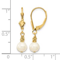 14K Yellow Gold 5-6mm White Semi-round Freshwater Cultured Pearl Dangle Leverback Earrings view 4
