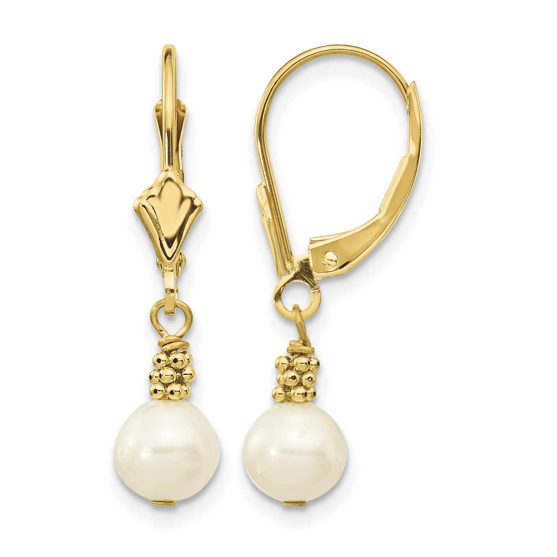 14k 5-6mm White Semi-round Freshwater Cultured Pearl Dangle Leverback Earrings (XF208)