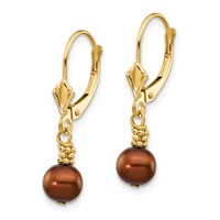 14K Yellow Gold 5-6mm Brown Semi-round Freshwater Cultured Pearl Dangle Leverback Earrings view 2