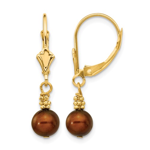 14K Yellow Gold 5-6mm Brown Semi-round Freshwater Cultured Pearl Dangle Leverback Earrings