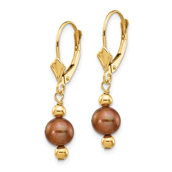 14k 5-6mm Brown Semi-round Freshwater Cultured Pearl Dangle Leverback Earrings