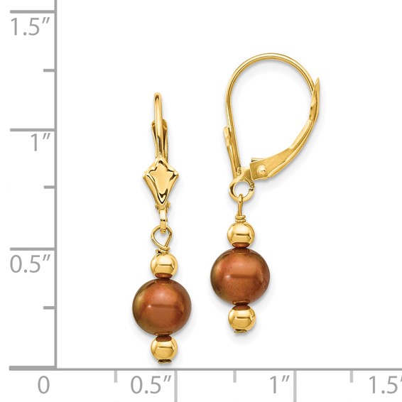 14k 5-6mm Brown Semi-round Freshwater Cultured Pearl Dangle Leverback Earrings