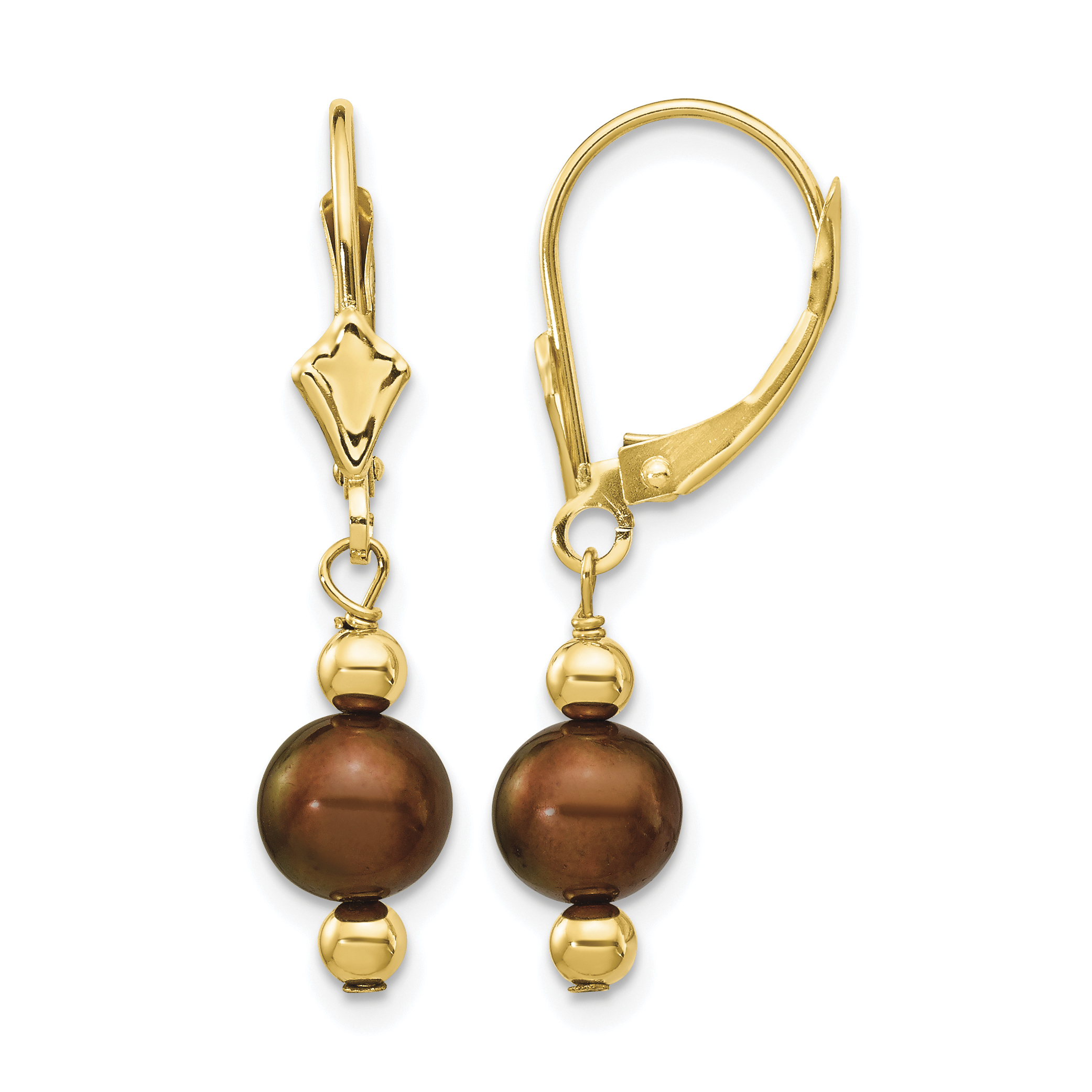 14k 5-6mm Brown Semi-round Freshwater Cultured Pearl Dangle Leverback Earrings (XF211)