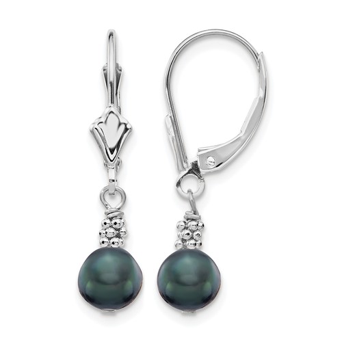 14K White Gold 5-6mm Black Semi-round Freshwater Cultured Pearl Dangle Leverback Earrings