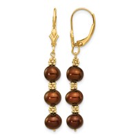 14K Yellow Gold 5-6mm Brown Semi-Round Freshwater Cultured Pearl Dangle Leverback Earrings view 1