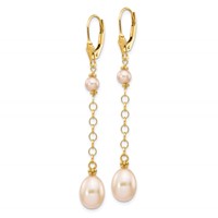 14K Yellow Gold 5-8mm Pink Rice and Semi-Round Freshwater Cultured Pearl Chain Dangle Leverback Earrings view 2