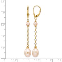 14K Yellow Gold 5-8mm Pink Rice and Semi-Round Freshwater Cultured Pearl Chain Dangle Leverback Earrings view 4