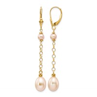 14K Yellow Gold 5-8mm Pink Rice and Semi-Round Freshwater Cultured Pearl Chain Dangle Leverback Earrings view 1
