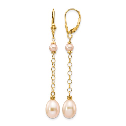 14K Yellow Gold 5-8mm Pink Rice and Semi-Round Freshwater Cultured Pearl Chain Dangle Leverback Earrings