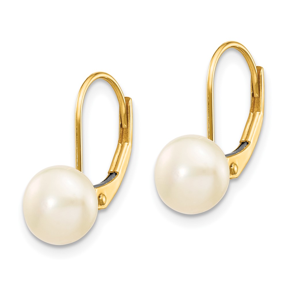 14K 7-8mm White Button Freshwater Cultured Pearl Leverback Earrings (XF246E)