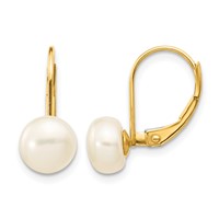 14K Yellow Gold 7-8mm White Button Freshwater Cultured Pearl Leverback Earrings view 1