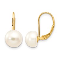 14K Yellow Gold 8-9mm White Button Freshwater Cultured Pearl Leverback Earrings view 1