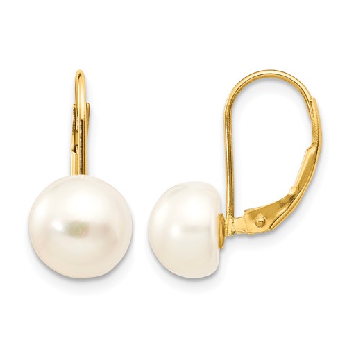 14K Yellow Gold 8-9mm White Button Freshwater Cultured Pearl Leverback Earrings