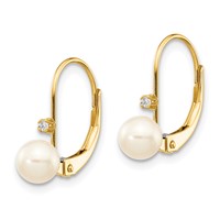 14K Yellow Gold 5-6mm White Round Freshwater Cultured Pearl and.02 Carat Diamond Leverback Earrings view 2