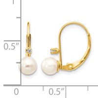 14K Yellow Gold 5-6mm White Round Freshwater Cultured Pearl and.02 Carat Diamond Leverback Earrings view 4