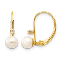 14K Yellow Gold 5-6mm White Round Freshwater Cultured Pearl and.02 Carat Diamond Leverback Earrings view 1