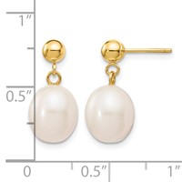 14K Yellow Gold 8-9mm White Rice Freshwater Cultured Pearl Post Dangle Earrings view 4