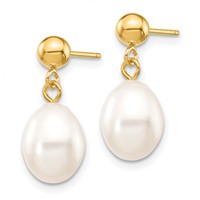14K Yellow Gold 7-8mm White Rice Freshwater Cultured Pearl Post Dangle Earrings view 2