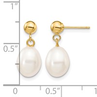14K Yellow Gold 7-8mm White Rice Freshwater Cultured Pearl Post Dangle Earrings view 4