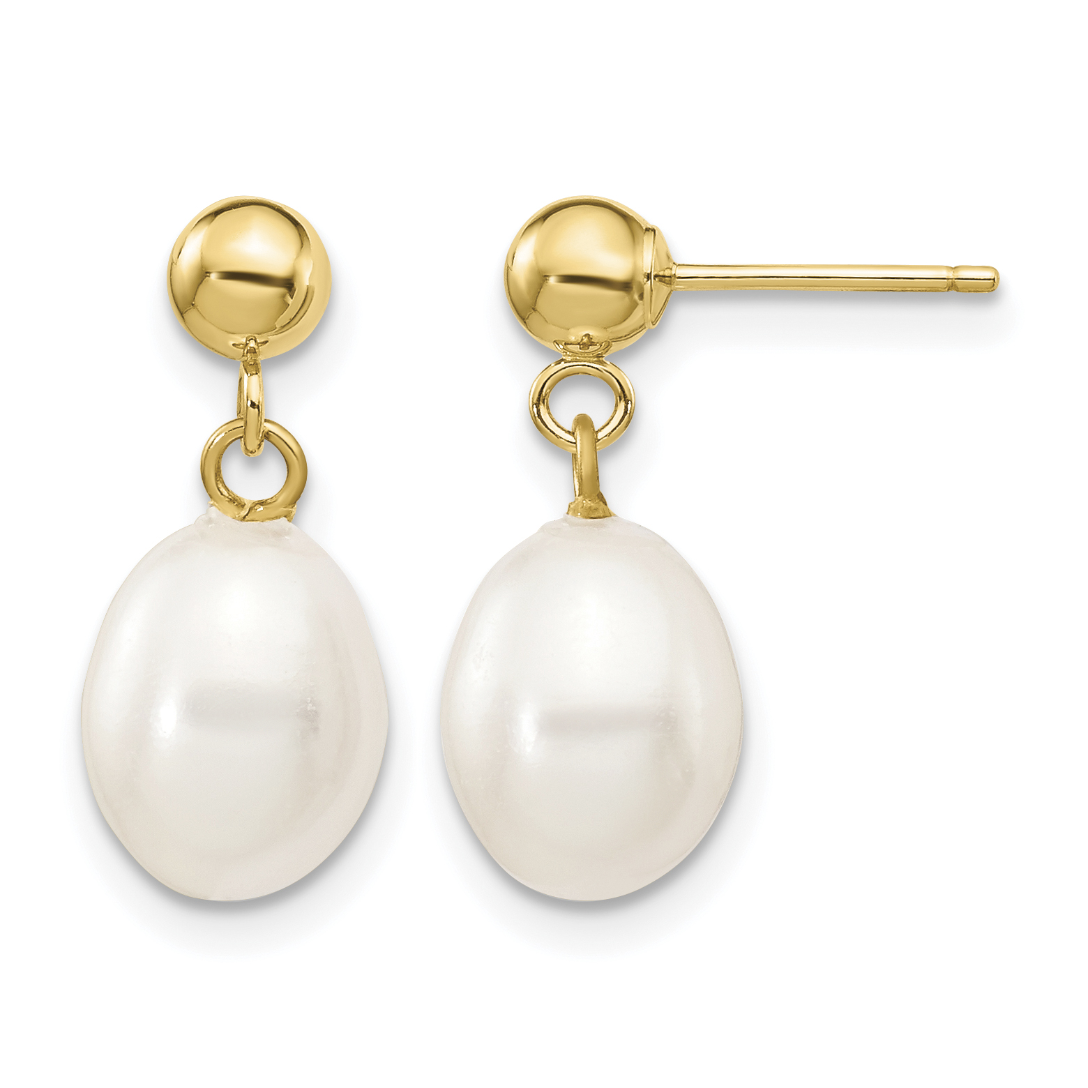 14k 7-8mm White Rice Freshwater Cultured Pearl Post Dangle Earrings (XF251E)