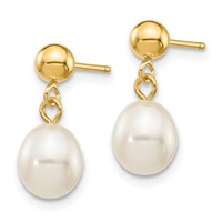 14K Yellow Gold 6-7mm White Rice Freshwater Cultured Pearl Dangle Post Earrings view 2