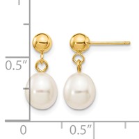 14K Yellow Gold 6-7mm White Rice Freshwater Cultured Pearl Dangle Post Earrings view 4