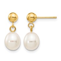 14K Yellow Gold 6-7mm White Rice Freshwater Cultured Pearl Dangle Post Earrings view 1
