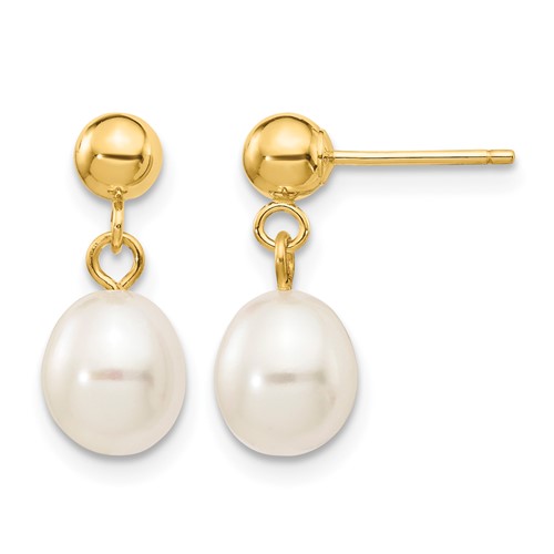 14K Yellow Gold 6-7mm White Rice Freshwater Cultured Pearl Dangle Post Earrings
