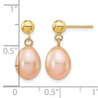 14K Yellow Gold 7-8mm Pink Rice Freshwater Cultured Pearl Dangle Post Earrings view 4