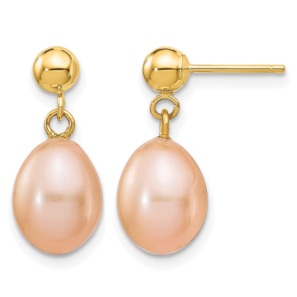 14k 7-8mm Pink Rice Freshwater Cultured Pearl Post Dangle Earrings (XF261E)