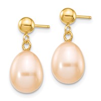 14K 8-9mm Pink Rice Freshwater Cultured Pearl Dangle Post Earrings view 2