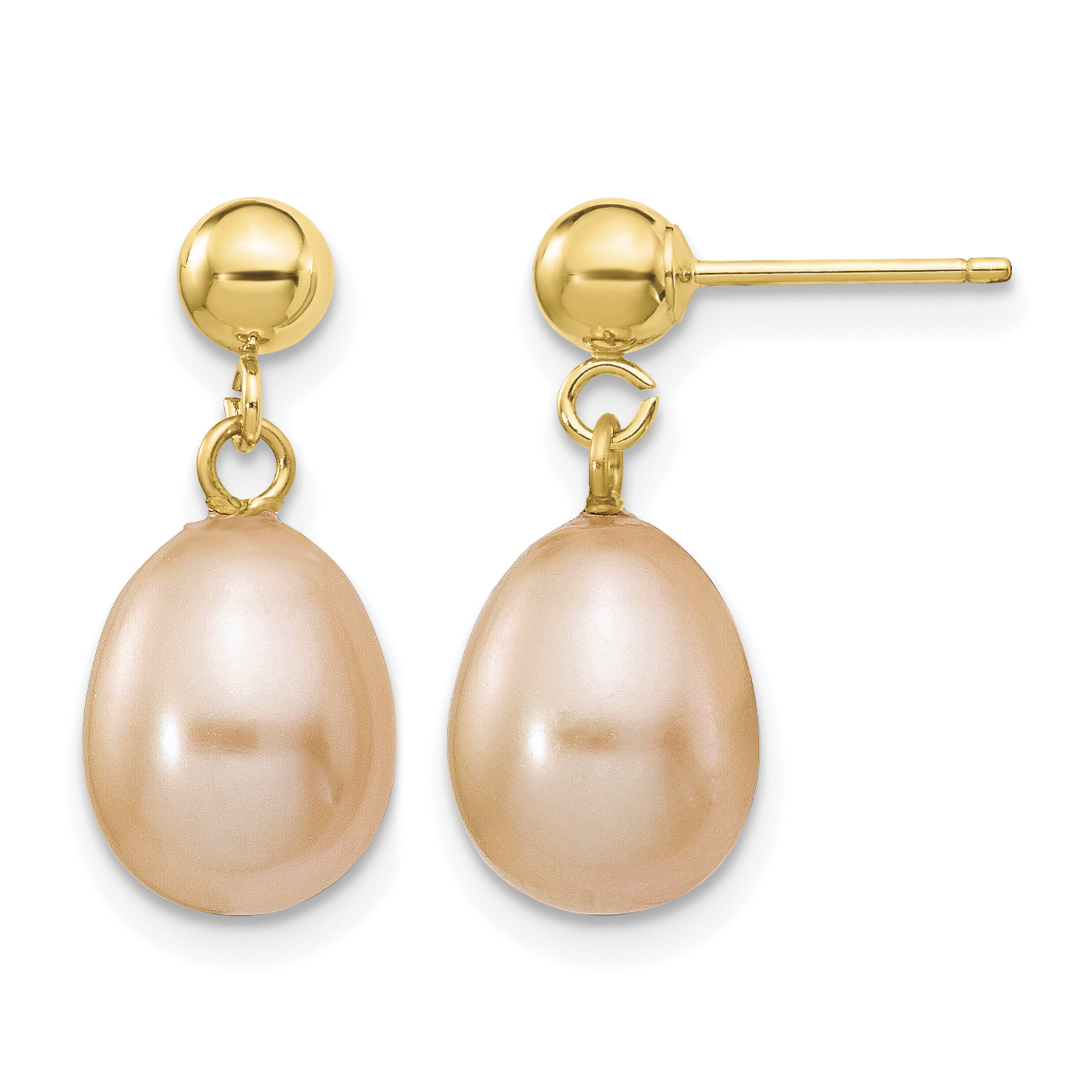 14k 8-9mm Pink Rice Freshwater Cultured Pearl Post Dangle Earrings (XF262E)