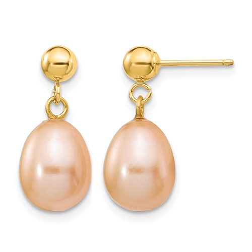 14K Yellow Gold 8-9mm Pink Rice Freshwater Cultured Pearl Dangle Post Earrings