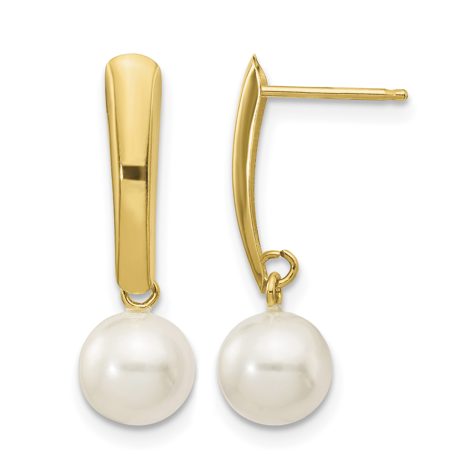 14K 6-7mm White Round Freshwater Cultured Pearl Post Dangle Earrings (XF263E)