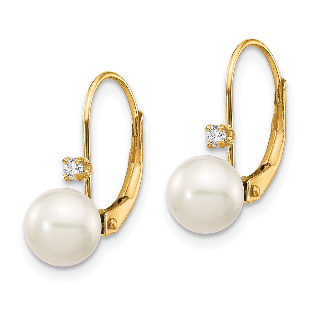 14k 6-7mm White Round Freshwater Cultured Pearl and .06 Carat Diamond Leverback Earrings (XF264E)