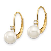 14K Yellow Gold 6-7mm White Round Freshwater Cultured Pearl and.06 Carat Diamond Leverback Earrings view 2