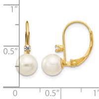 14K Yellow Gold 6-7mm White Round Freshwater Cultured Pearl and.06 Carat Diamond Leverback Earrings view 4