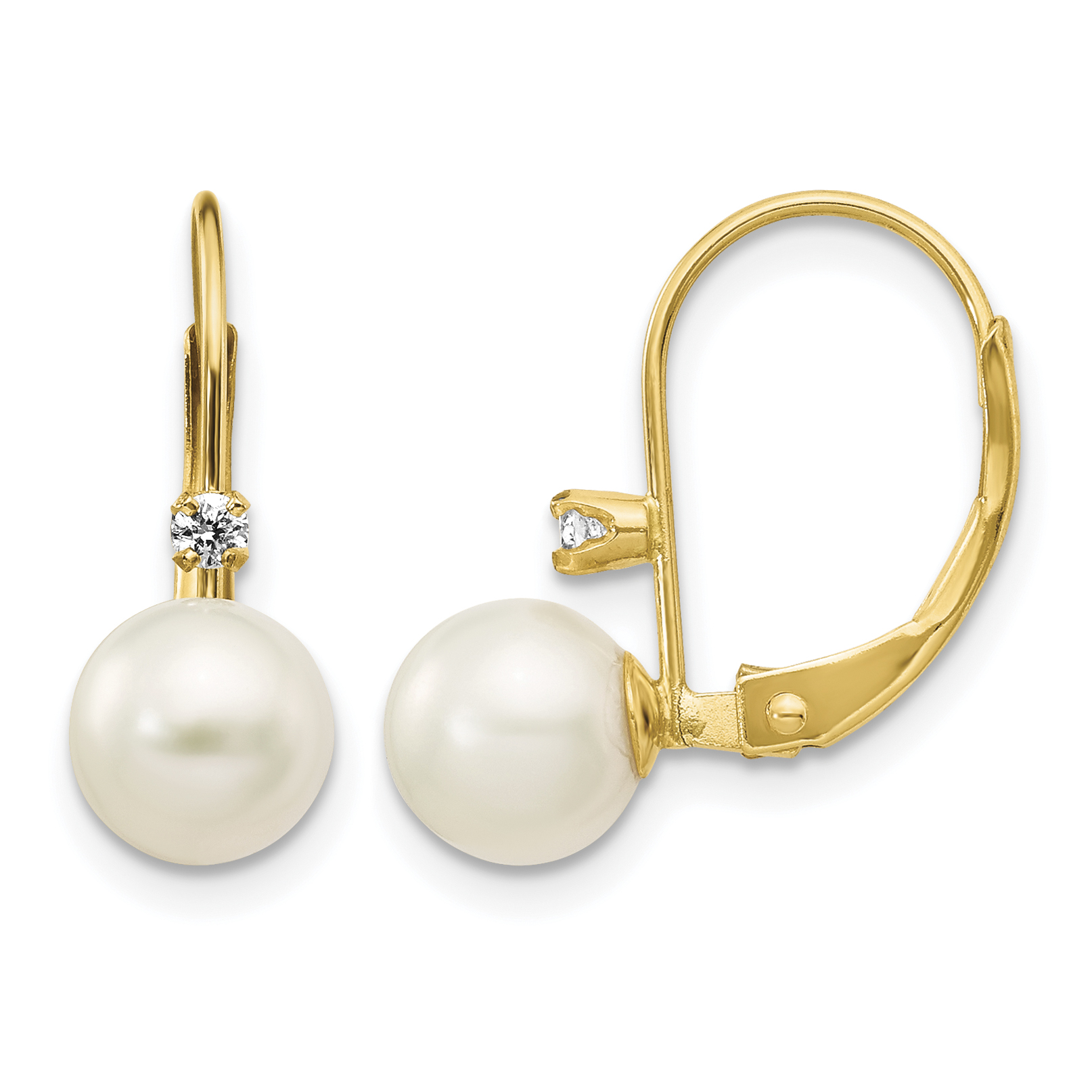 14k 6-7mm White Round Freshwater Cultured Pearl and .06 Carat Diamond Leverback Earrings (XF264E)