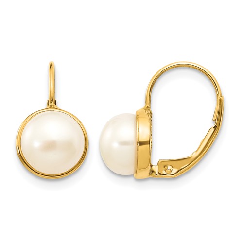 14K Yellow Gold 6-7mm White Button Freshwater Cultured Pearl Leverback Earrings