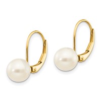 14K Yellow Gold 7-8mm White Round Freshwater Cultured Pearl Leverback Earrings view 2
